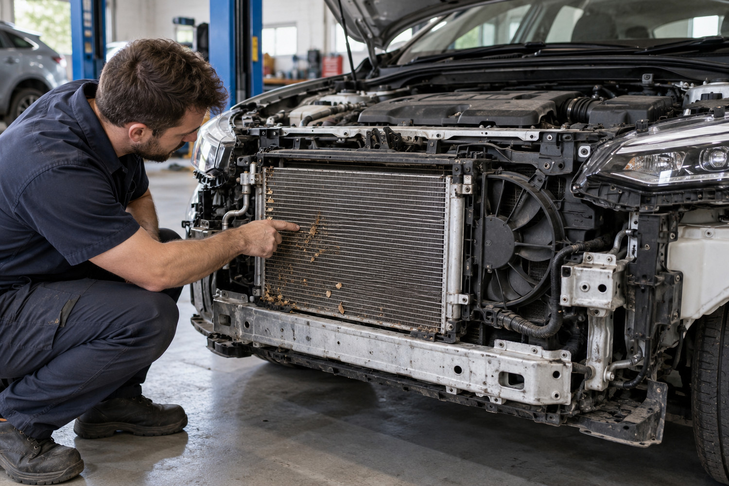 Mechanic checks debris caught in the front condenser of a car
