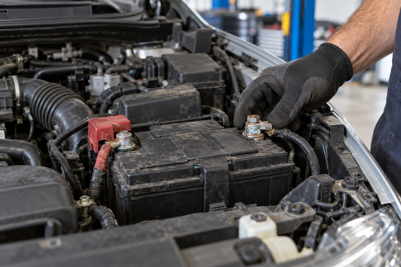 Mechanic inspecting an oxidised battery terminal in a car engine bay.