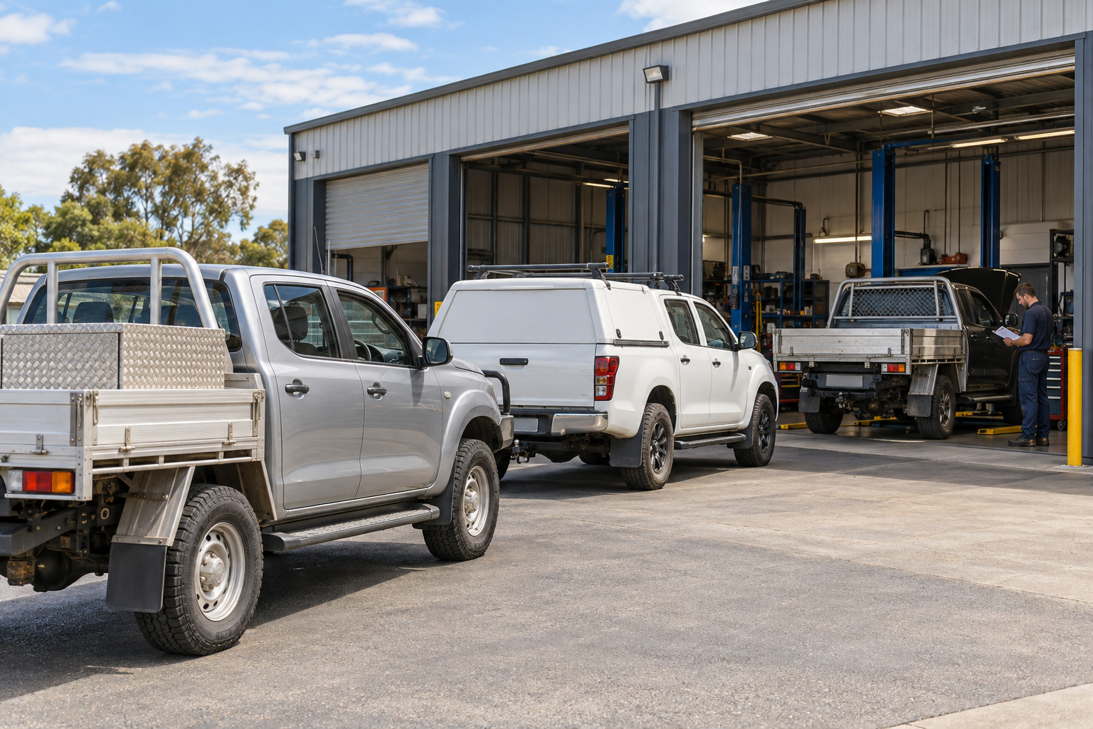 Three work utes line up at a regional workshop as a mechanic prepares for service intake.