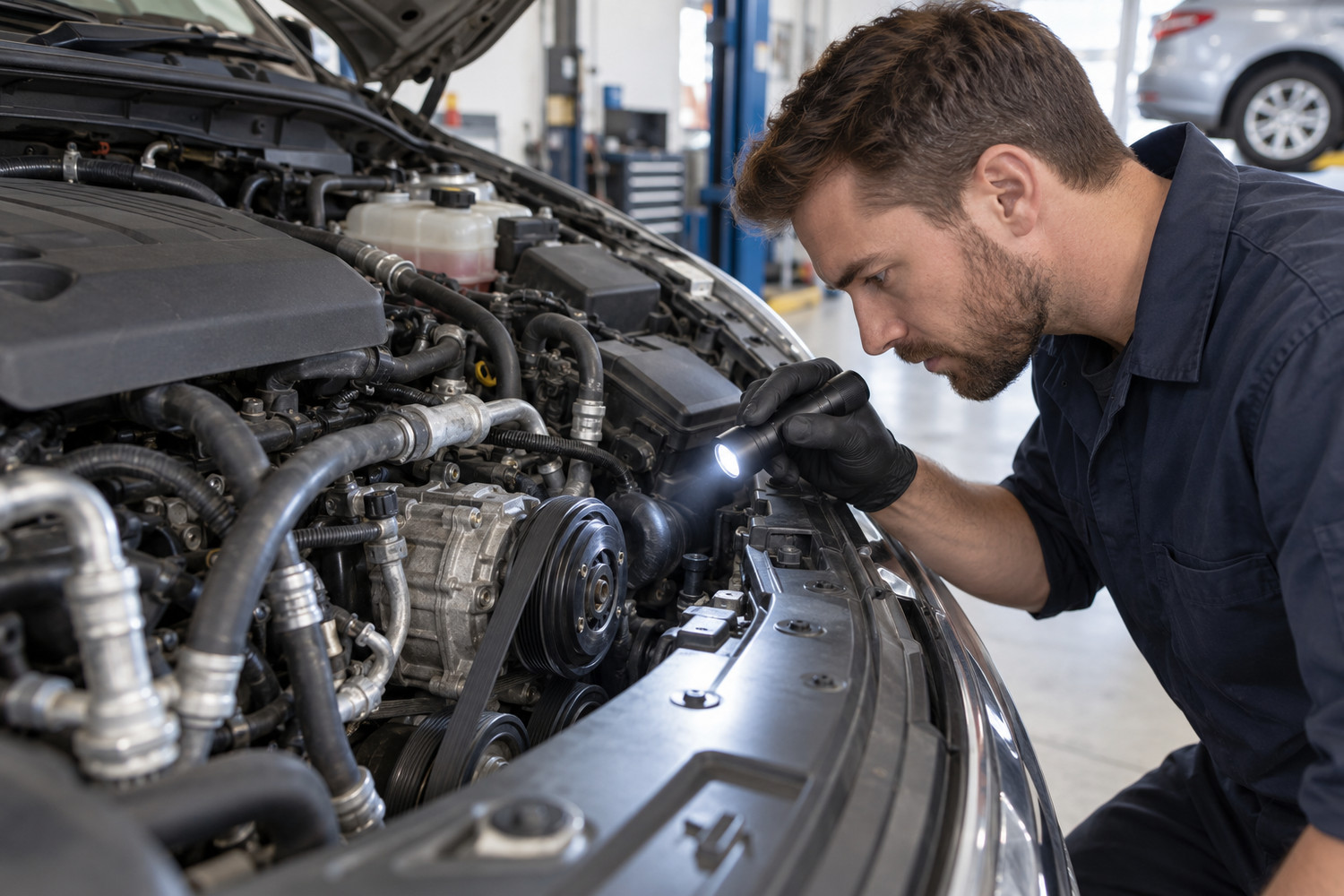 Mechanic inspects the compressor pulley and drive belt in an engine bay