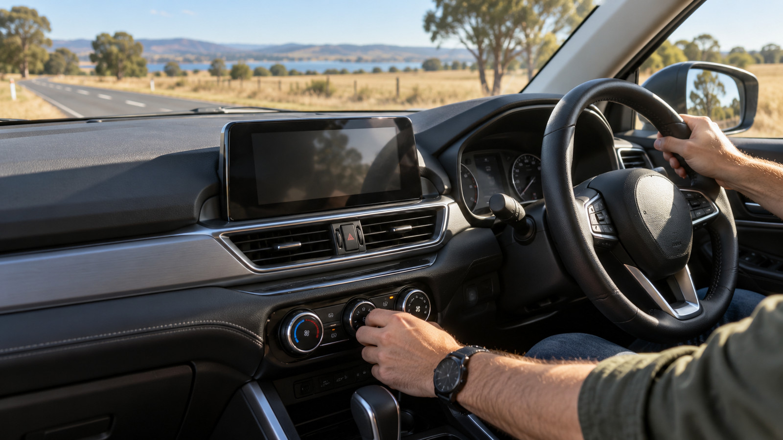 Driver in a right-hand-drive car adjusts the air conditioning controls beside a rural road