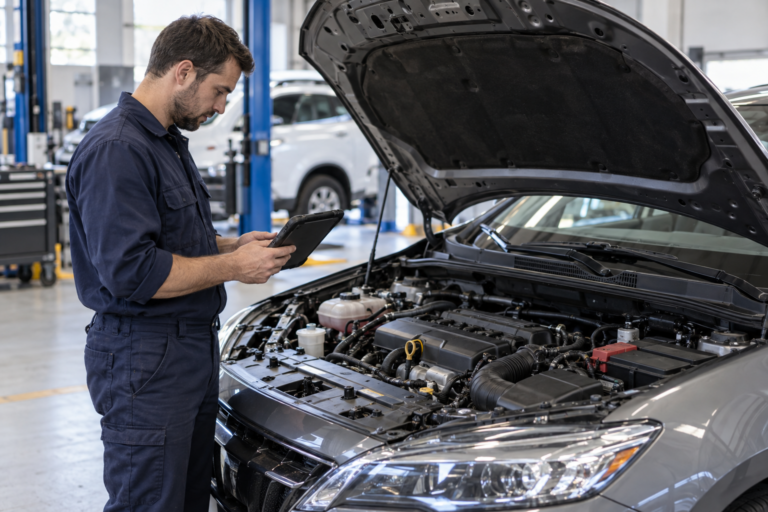 Mechanic reviewing a diagnostic tablet beside a car with its bonnet raised.