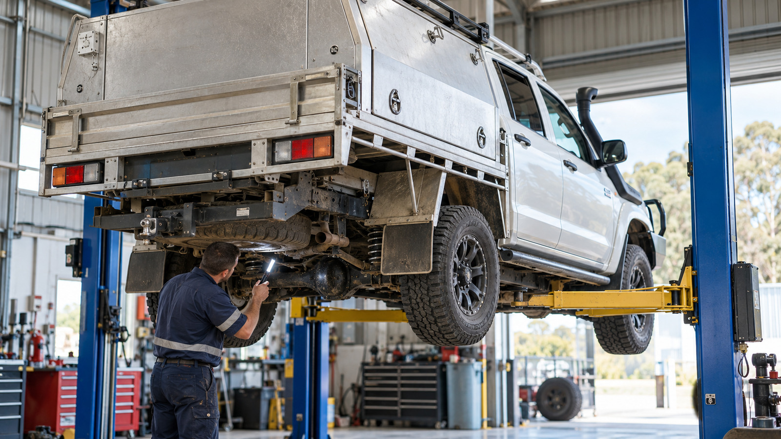 Mechanic inspects the rear underside of a dual-cab work ute with a service tray on a workshop hoist.