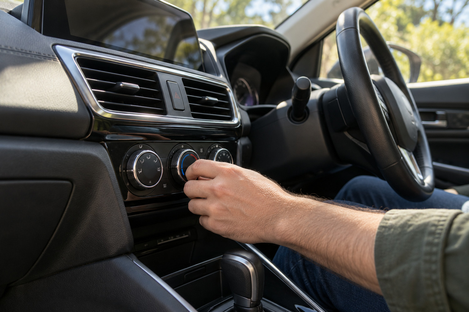 Hand turns the air conditioning dial in a right-hand-drive car