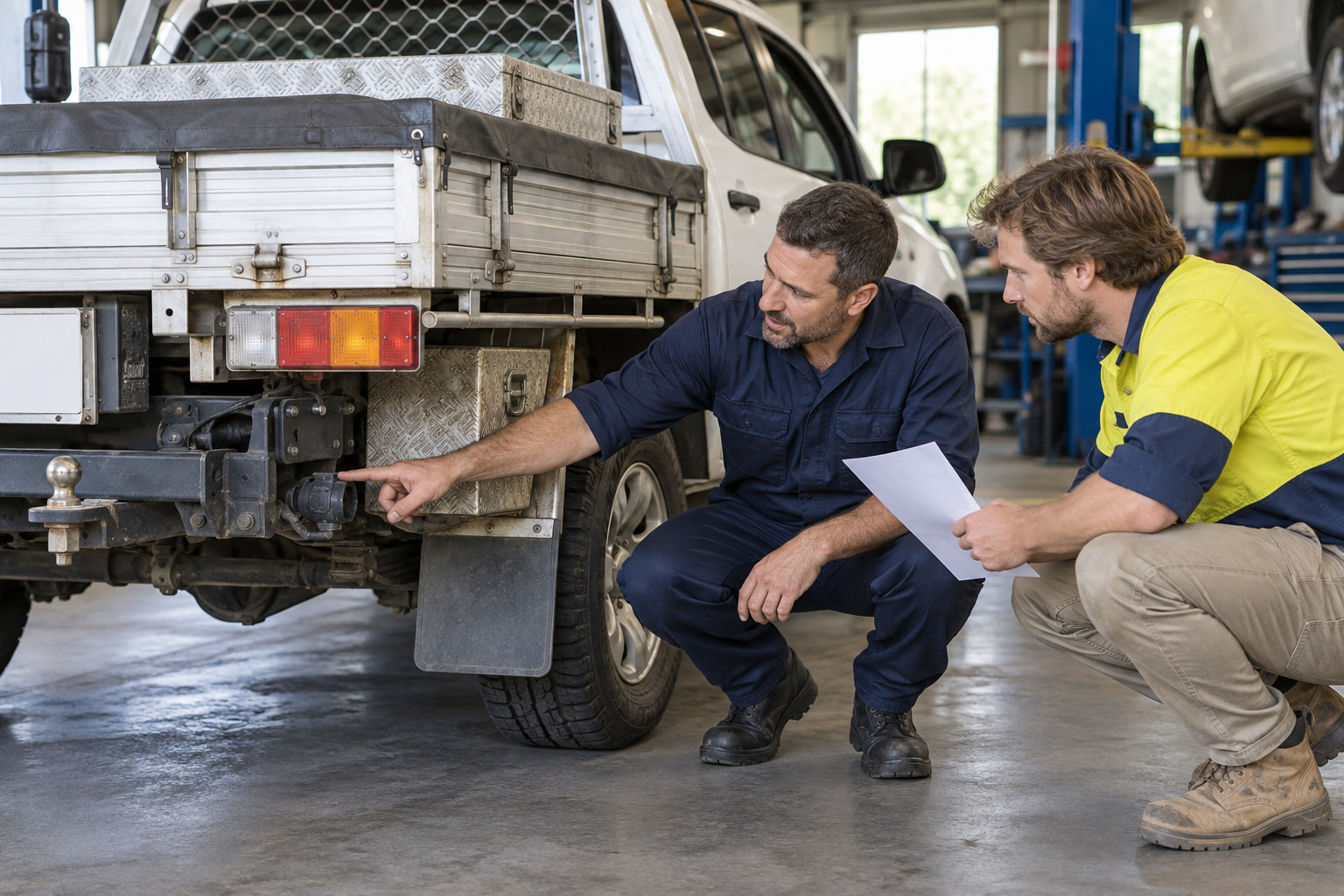 Mechanic and work-ute owner examine the trailer electrical connector beside a vehicle details sheet.