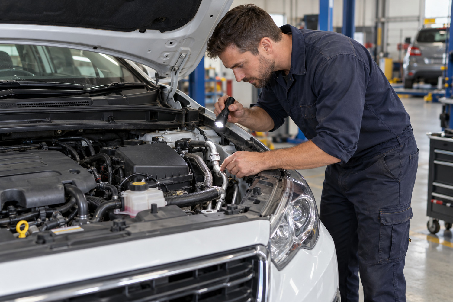 Mechanic inspects air conditioning lines in a car engine bay
