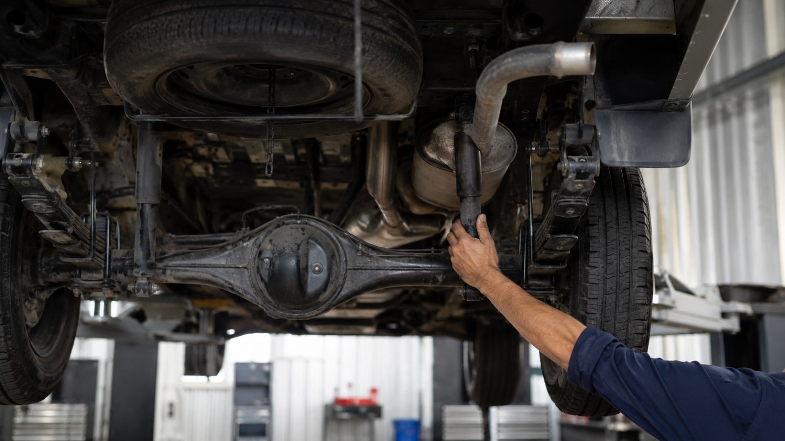 Mechanic inspecting rear shock absorber of a work ute on a hoist, tray mounts and exhaust visible