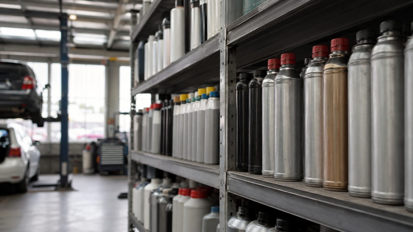 Shelf of aircon top-up cans in an auto shop seen from the customer's side of the aisle
