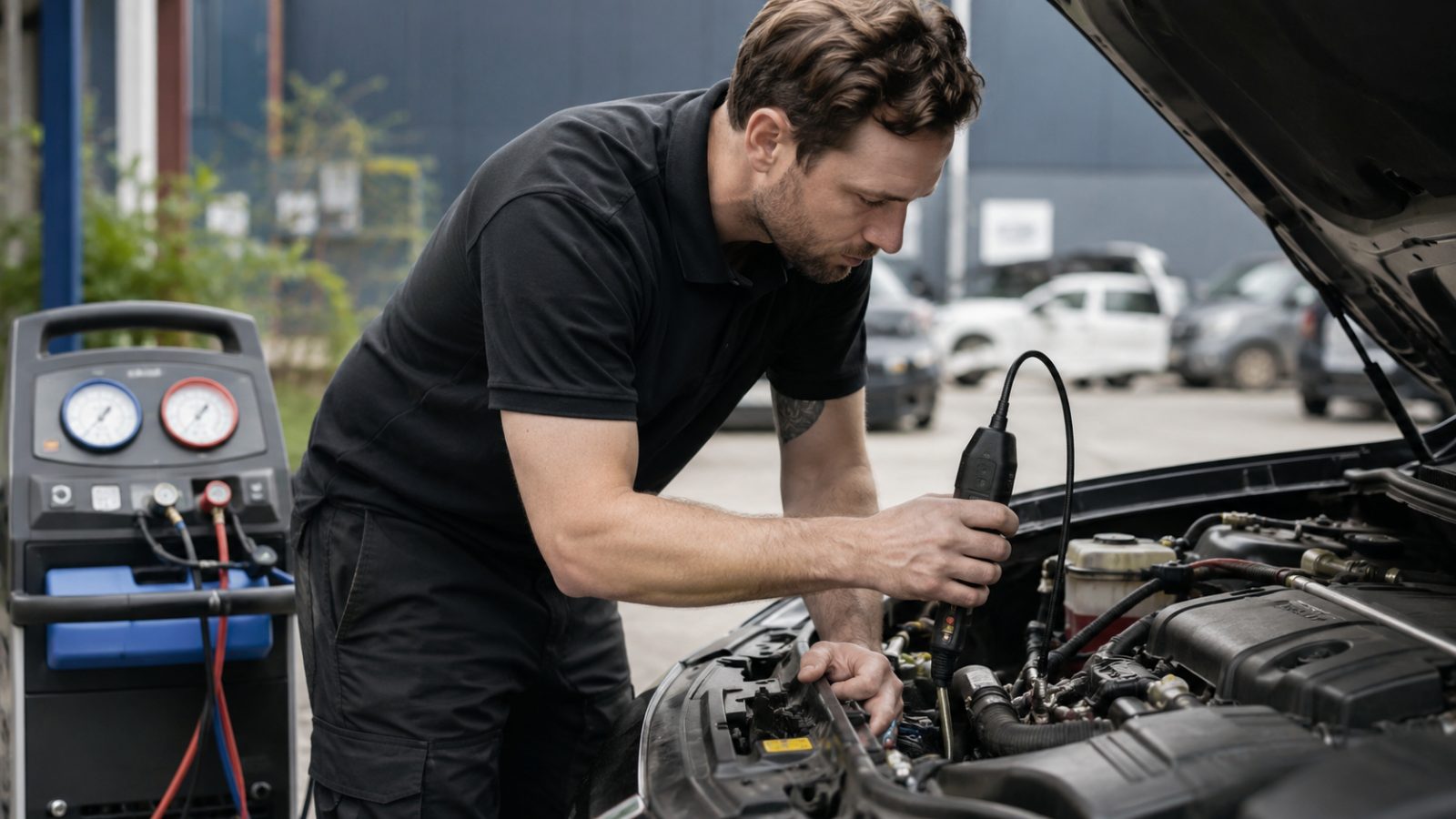 Mechanic holding an electronic leak detector probe near a car aircon fitting with gauges and a recovery machine on a trolley beside the car
