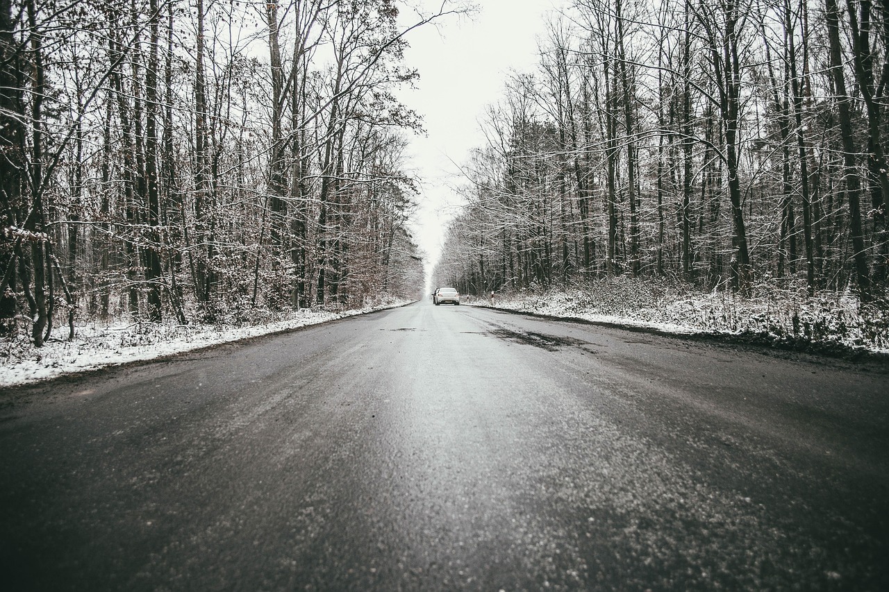 Car broken down on the gravel shoulder of a tree-lined regional road with bonnet up